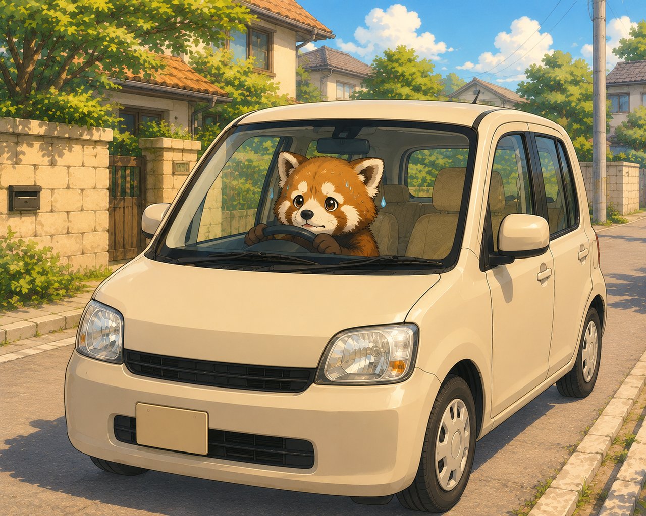 緊張しながらフィットを運転するレッサーパンダのイラスト（アイキャッチ）