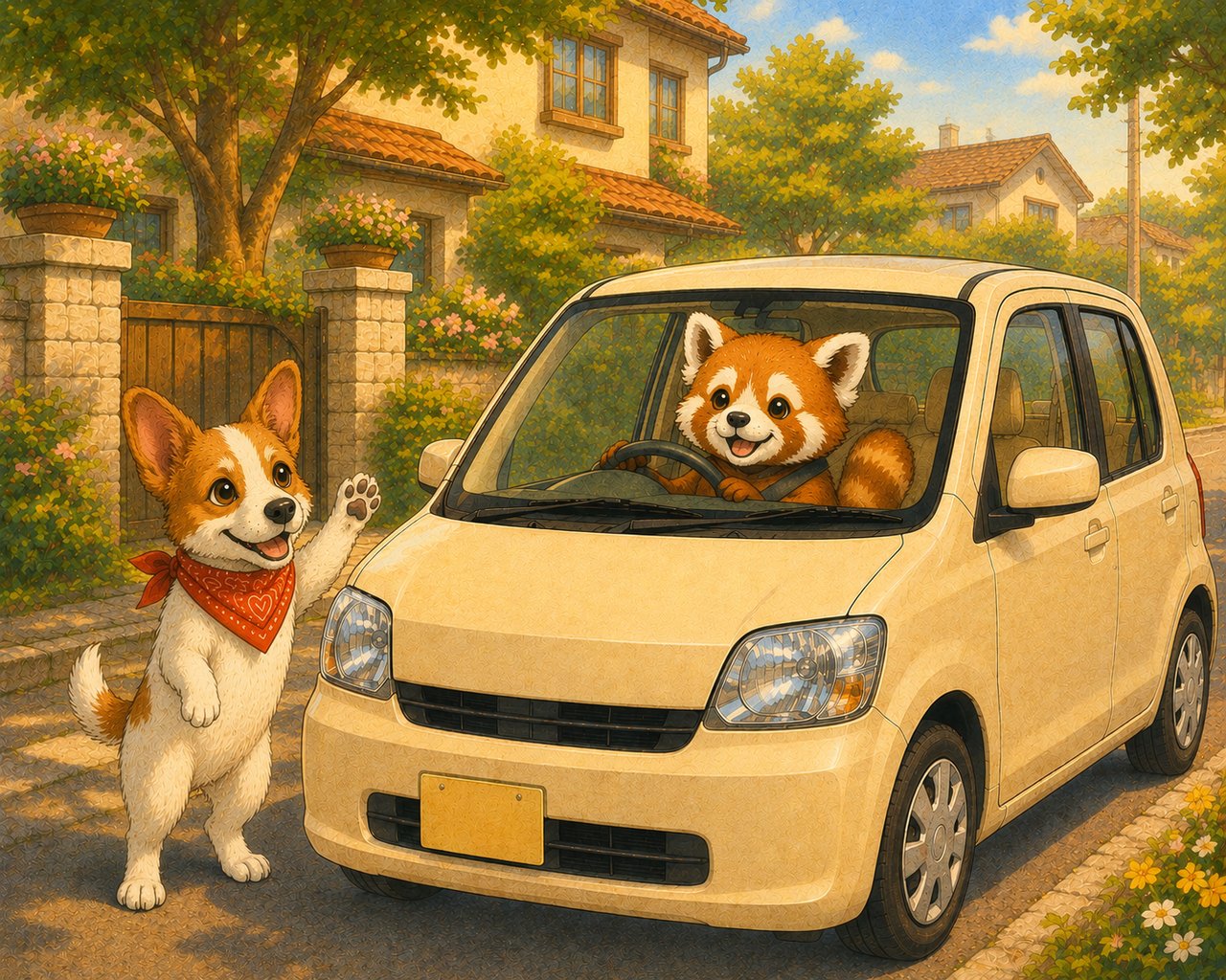嬉しそうにフィットを運転するレッサーパンダとアンクのイラスト（まとめ）
