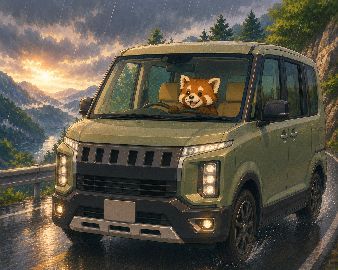 雨の山道を走るデリカD:5とレッサーパンダ
