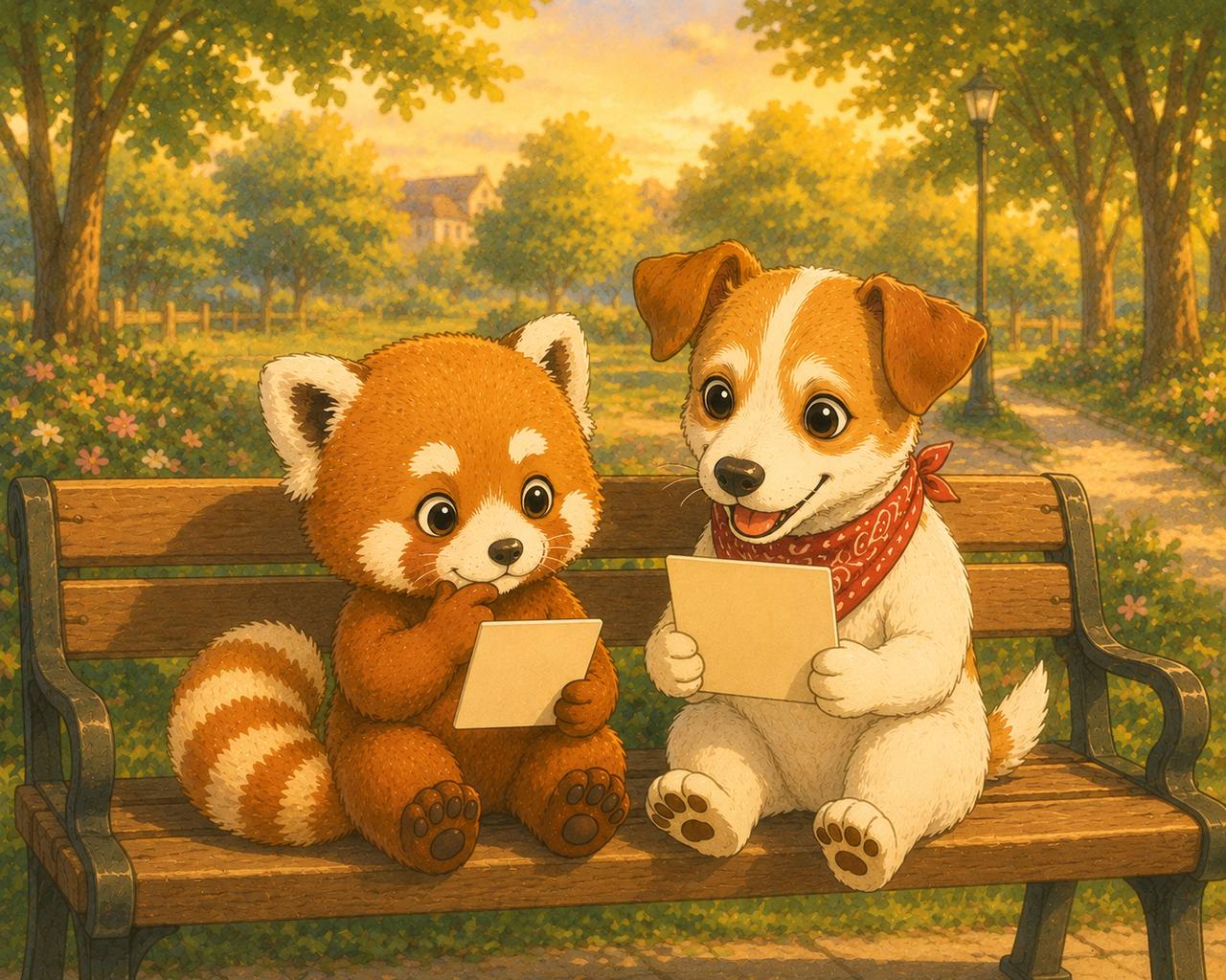 ベンチで中古・リースカードを読むレッサーとアンク