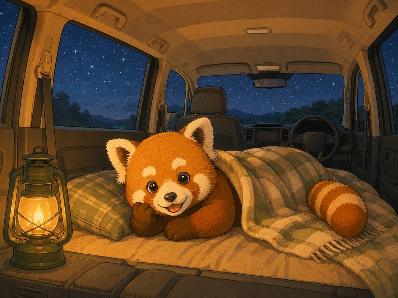 車内で星空の下くつろぐレッサーパンダ