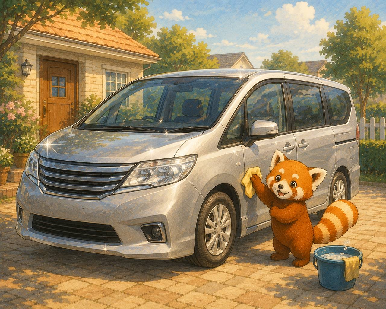 シルバーミニバンを磨くレッサーパンダ