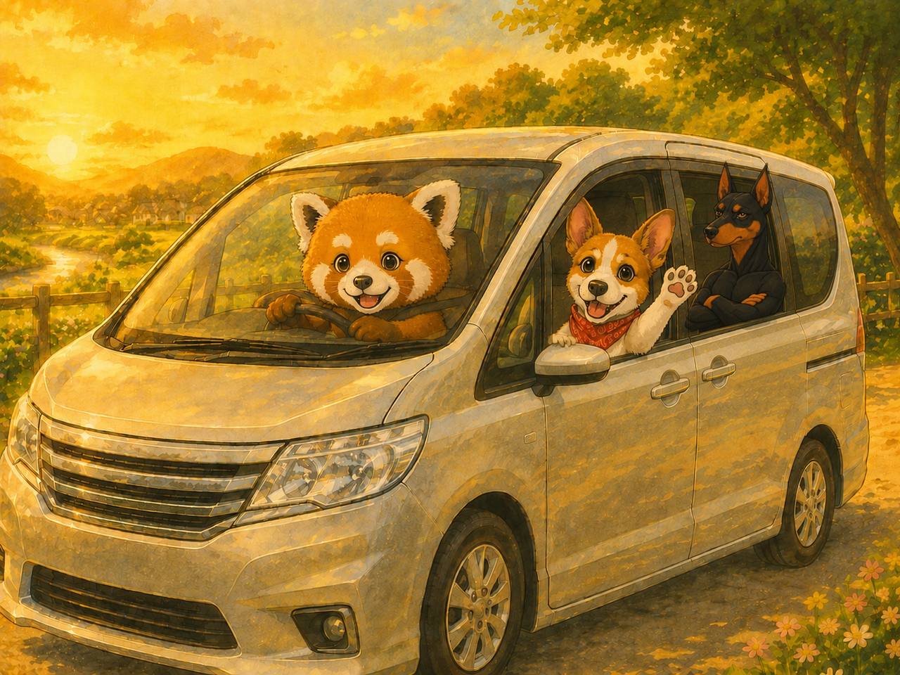 ミニバンで3キャラが笑顔でドライブ
