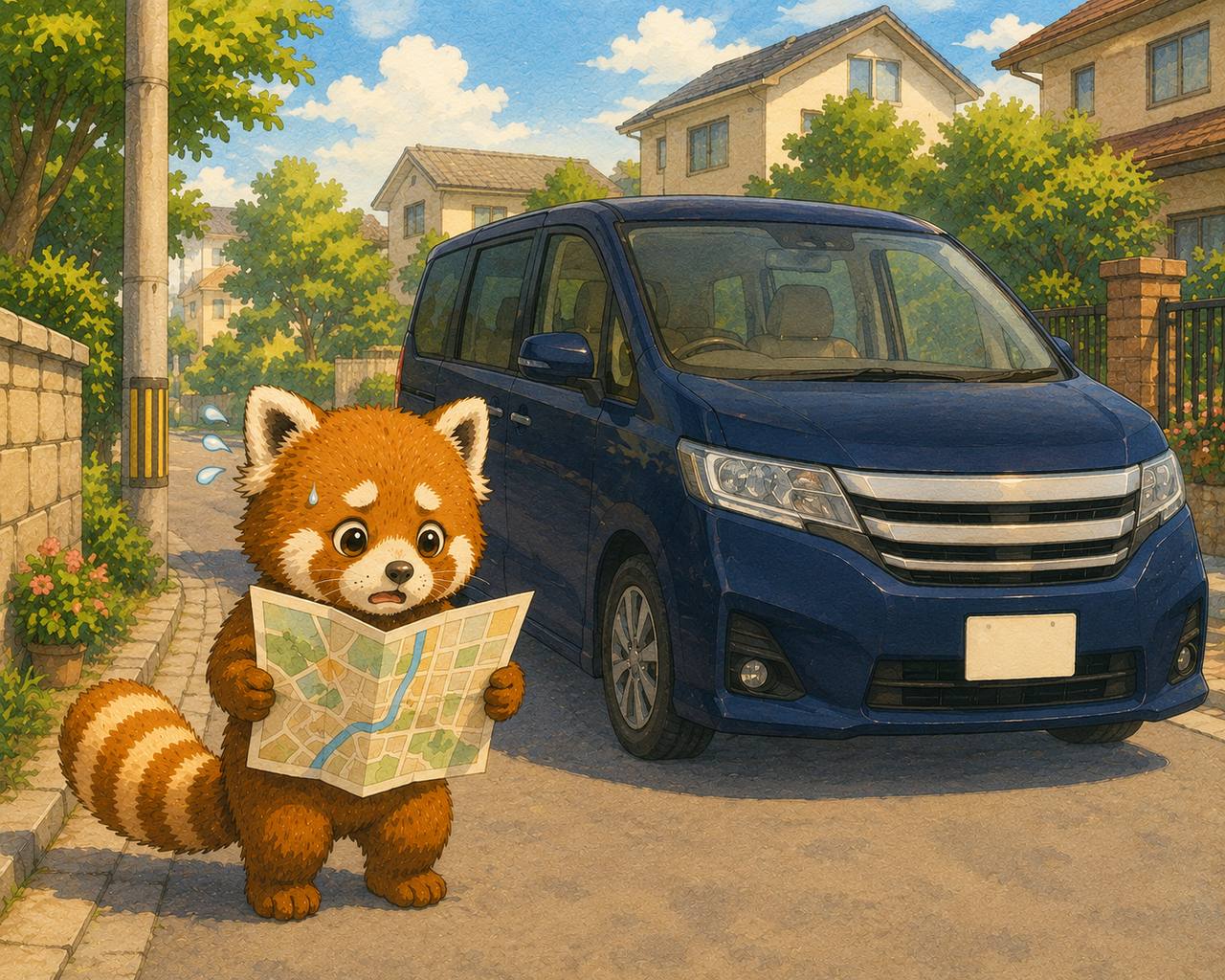 大きなミニバンの前で地図を持つレッサーパンダ