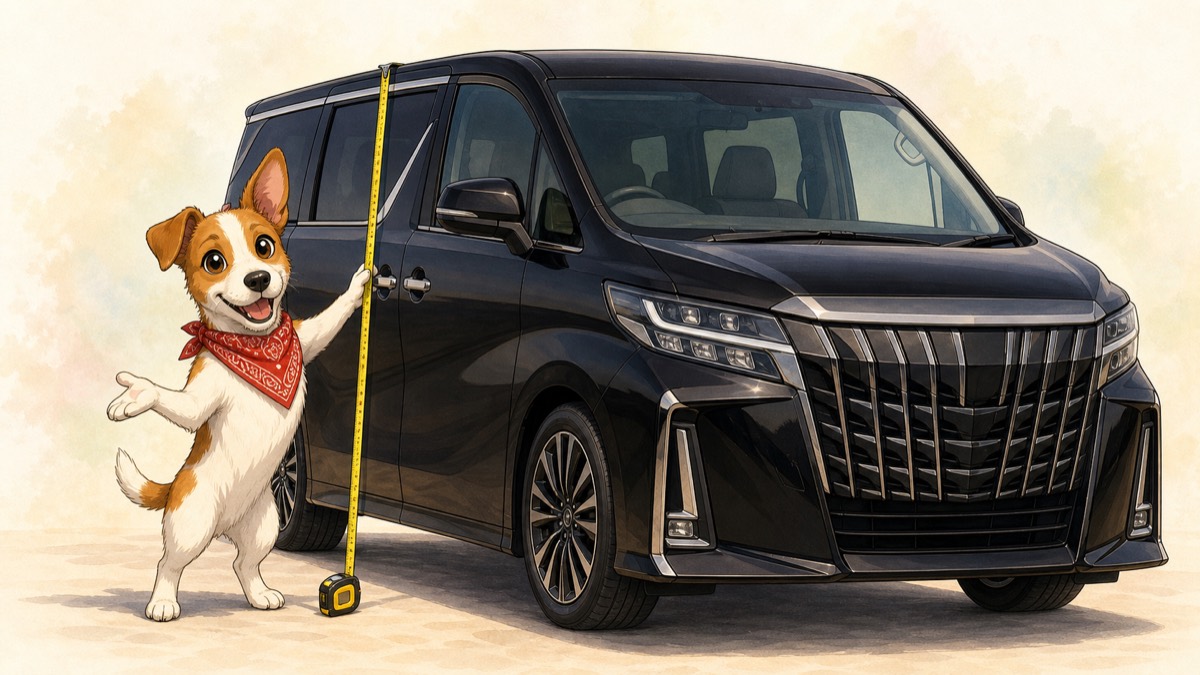 アルファードの車高をメジャーで測って説明するアンクくん