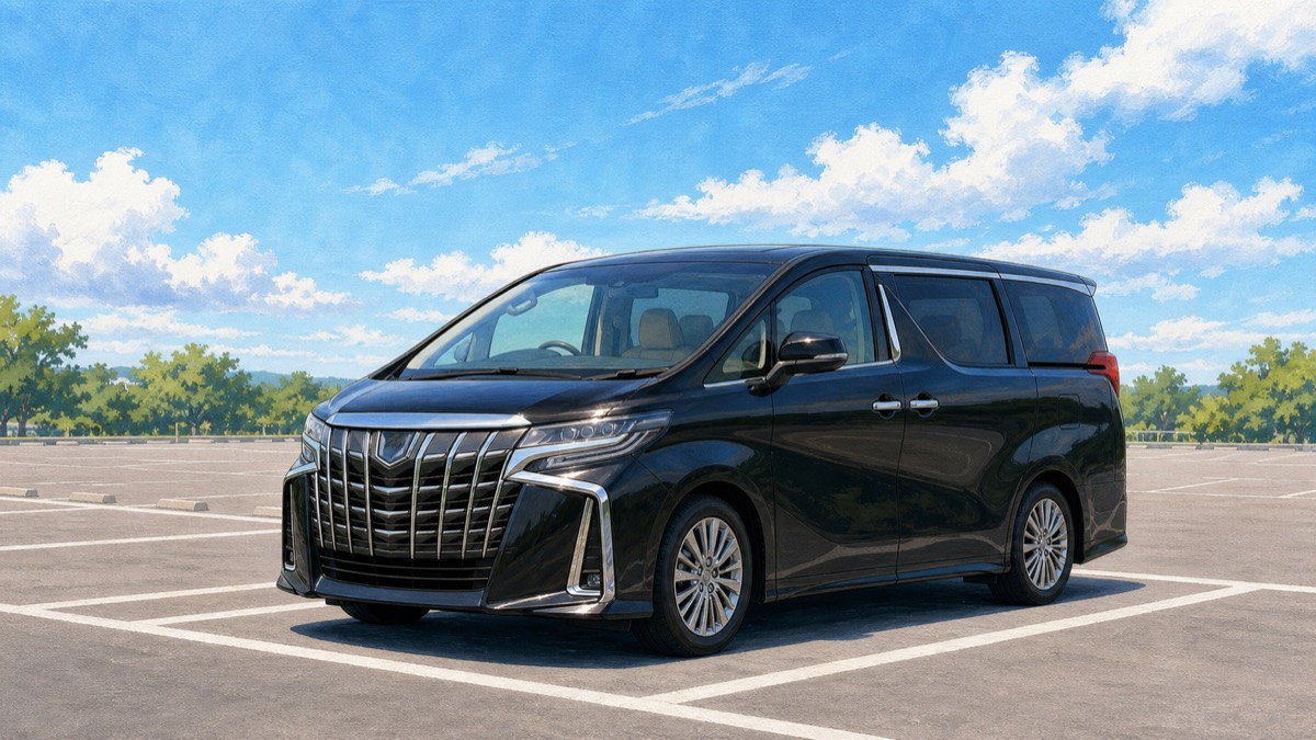 広い平面駐車場にゆったり停まるアルファード