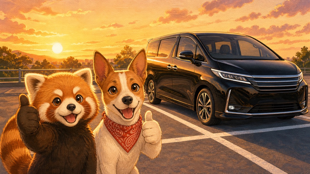 エルグランドを無事に停めて笑顔のレッサーパンダとアンクくん