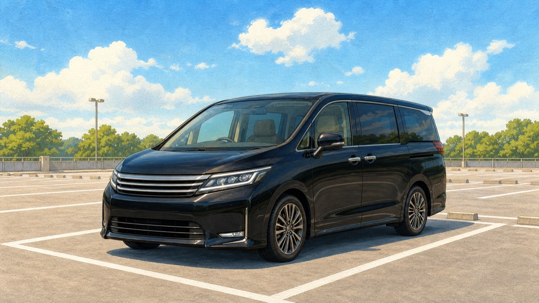 広い平面駐車場にゆったり停まるエルグランド