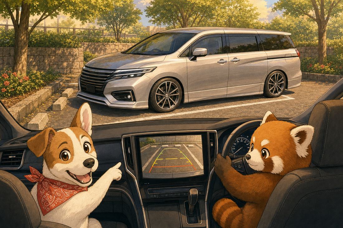 バックカメラでエルグランドを落ち着いて駐車するレッサーパンダ