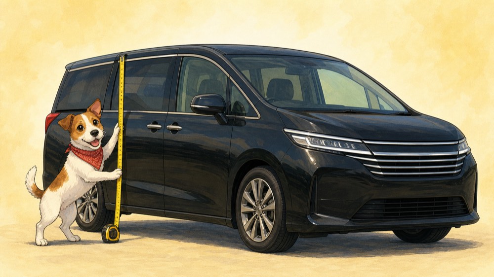 エルグランドの車高をメジャーで測って説明するアンクくん