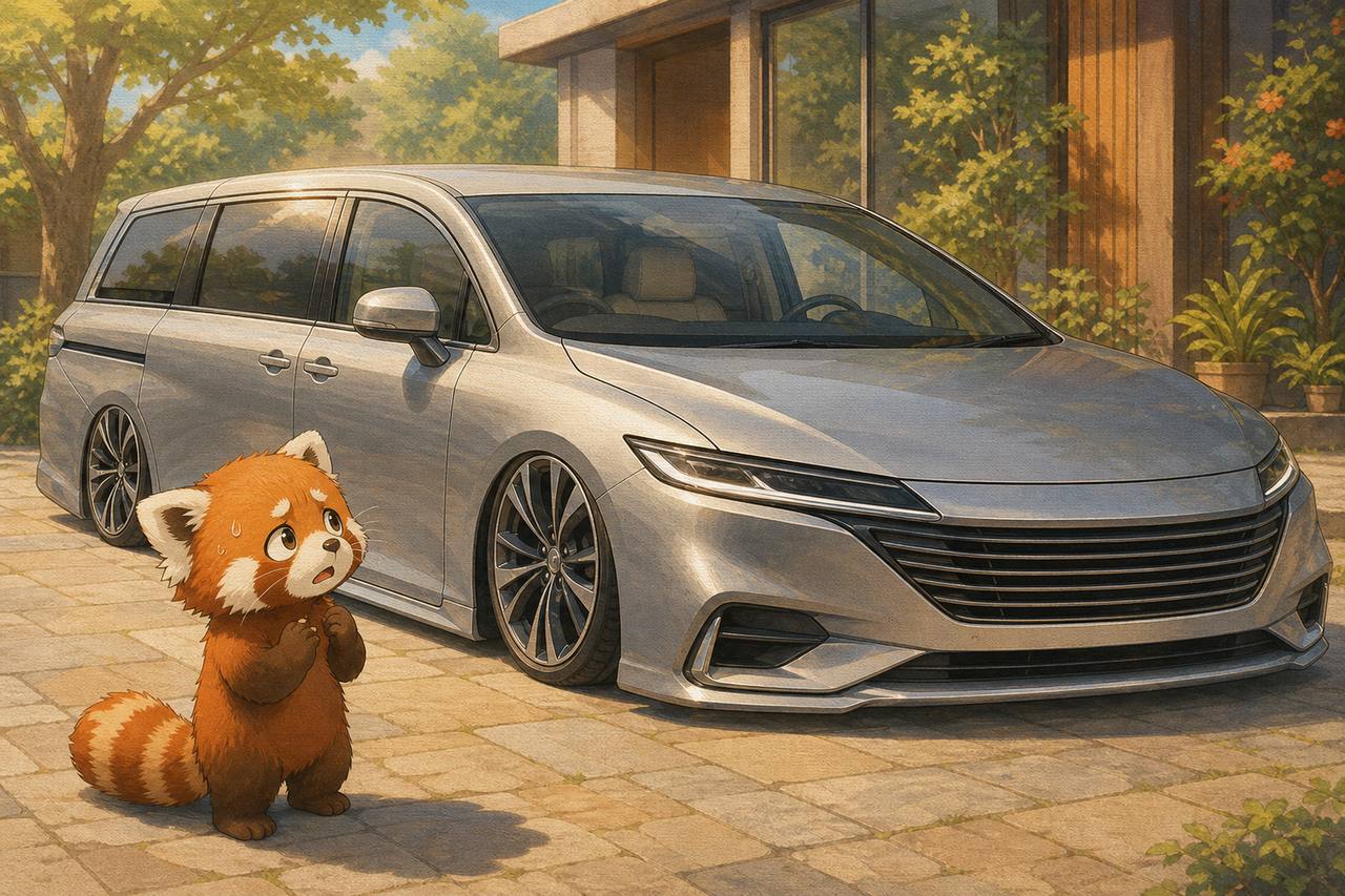 オデッセイの大きさに不安そうなレッサーパンダ
