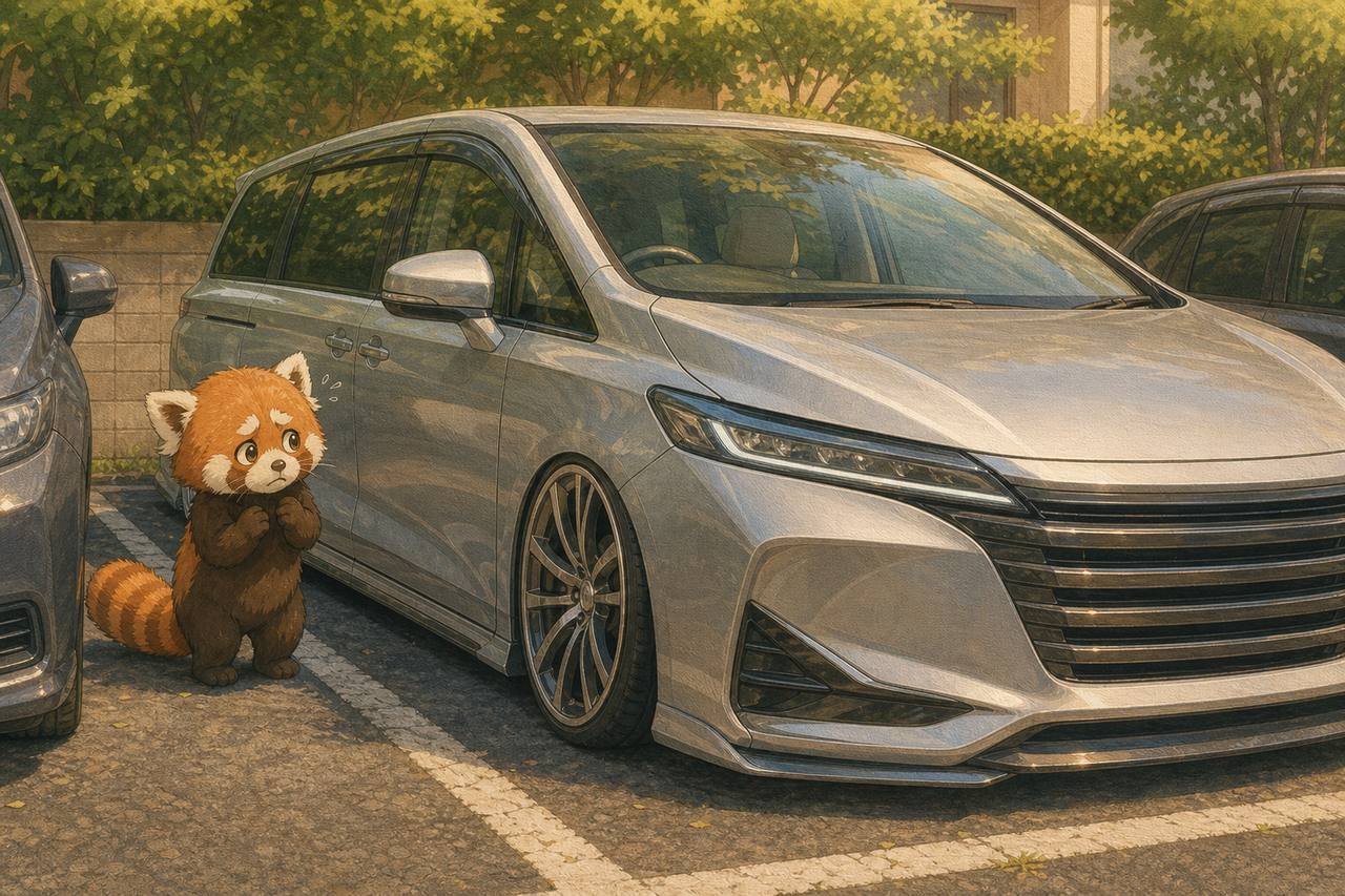 駐車場で車幅に不安なレッサーパンダ