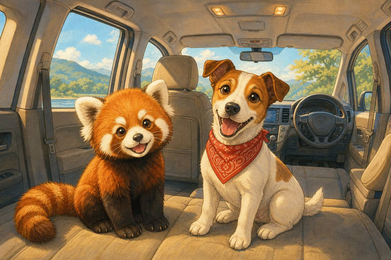 オデッセイ車内でくつろぐレッサーパンダとアンクくん