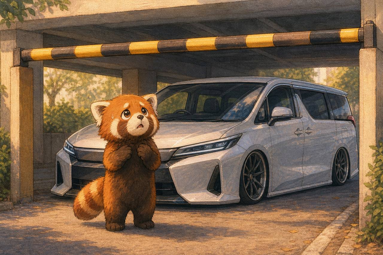 オデッセイで立体駐車場の高さ制限に不安なレッサーパンダ