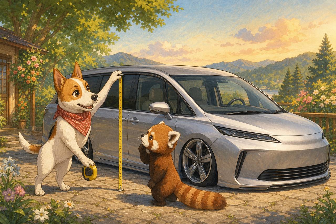 オデッセイの車高をメジャーで測って説明するアンクくん