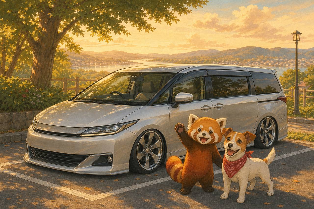 オデッセイを無事に停めて笑顔のレッサーパンダとアンクくん