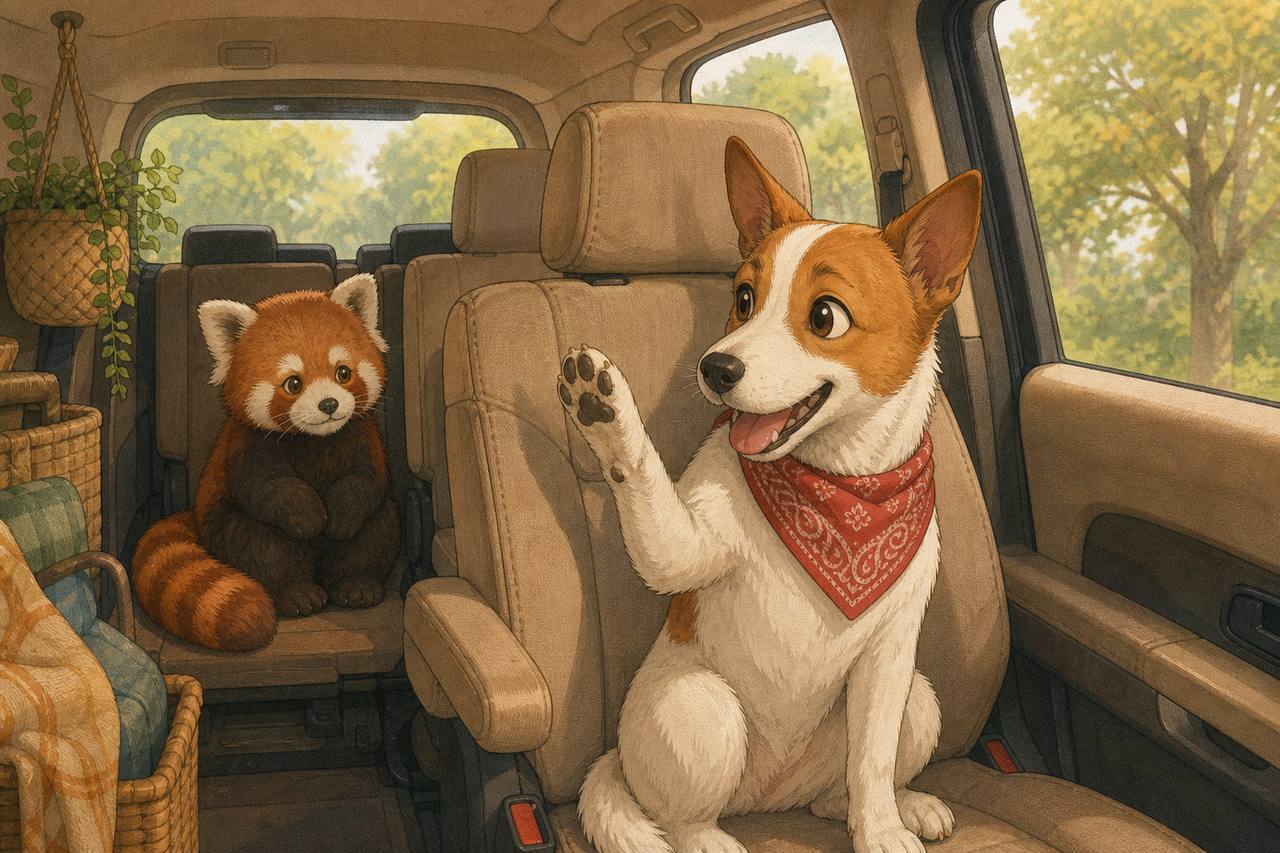セレナ3列目に座るレッサーパンダとアンクくん