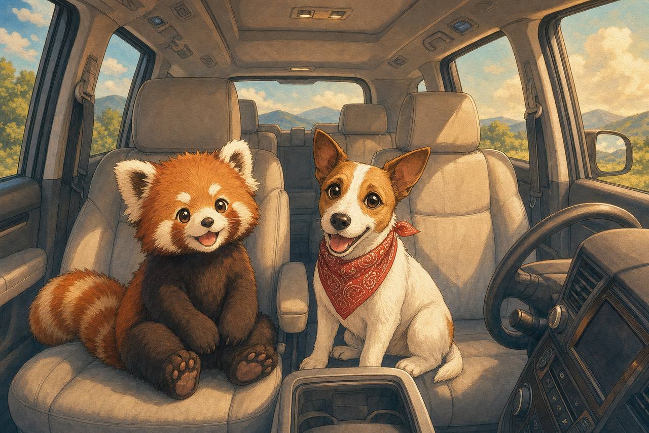 セレナ車内でくつろぐレッサーパンダとアンクくん