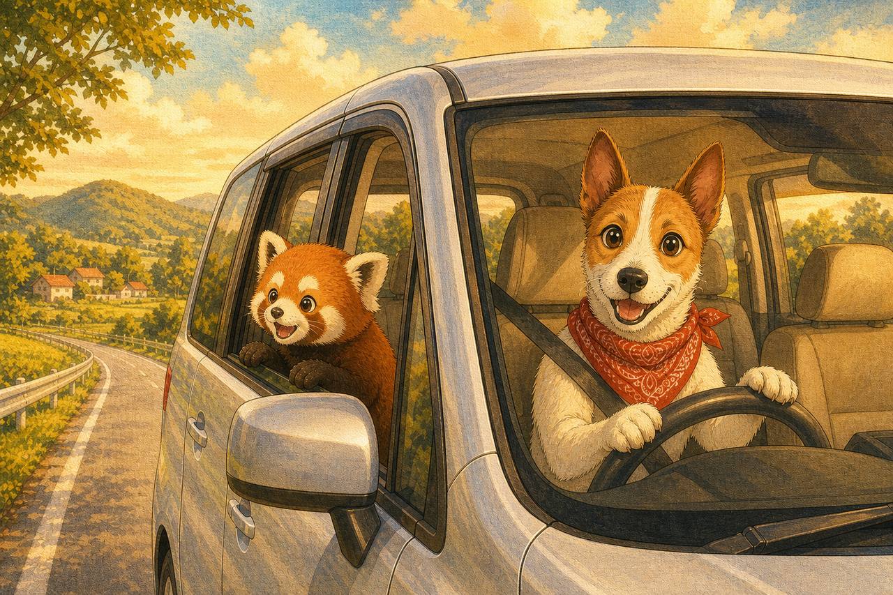 セレナで家族旅行するアンクとレッサーパンダ