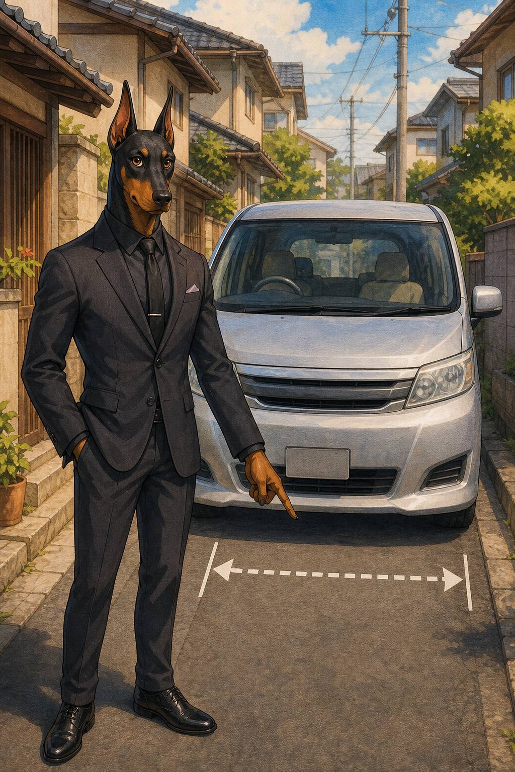 セレナの車体サイズを説明するドーベルマン